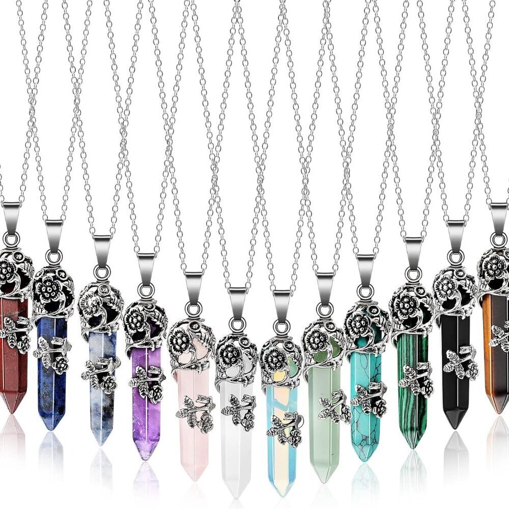 12 Pcs Healing Crystal Necklace Hexagonal Healing Flower Wrapped Crystal Point P